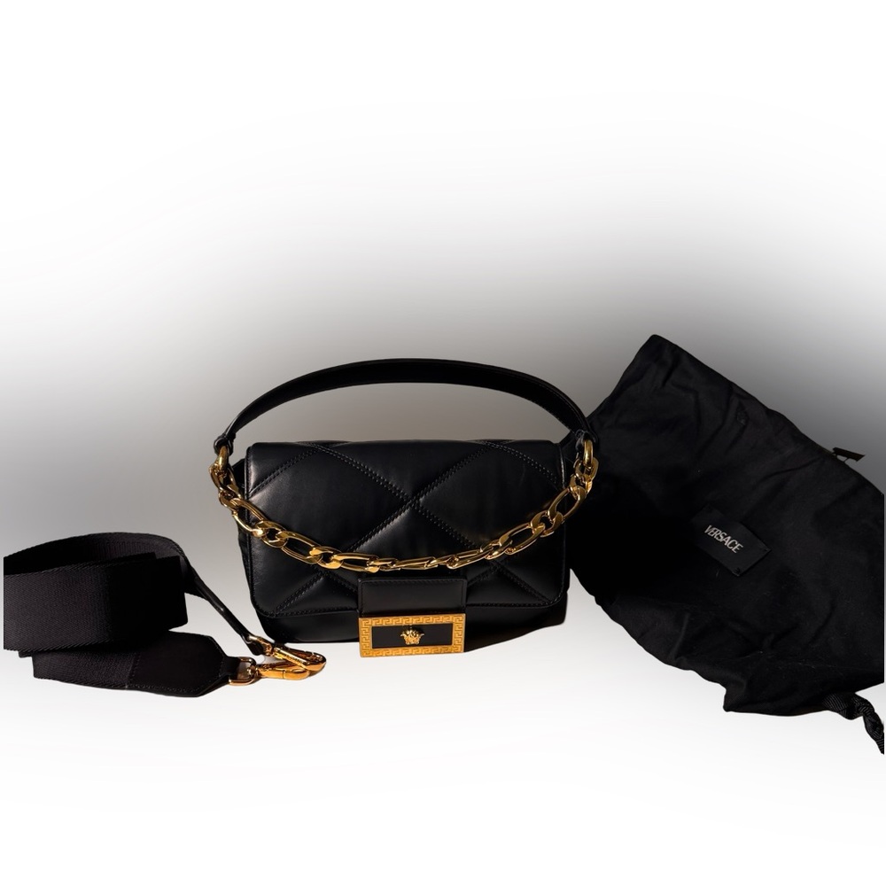 Versace La Medusa Black Quilted Calfskin Shoulder Bag - Gold Greca Hardware - Picture 3 of 13